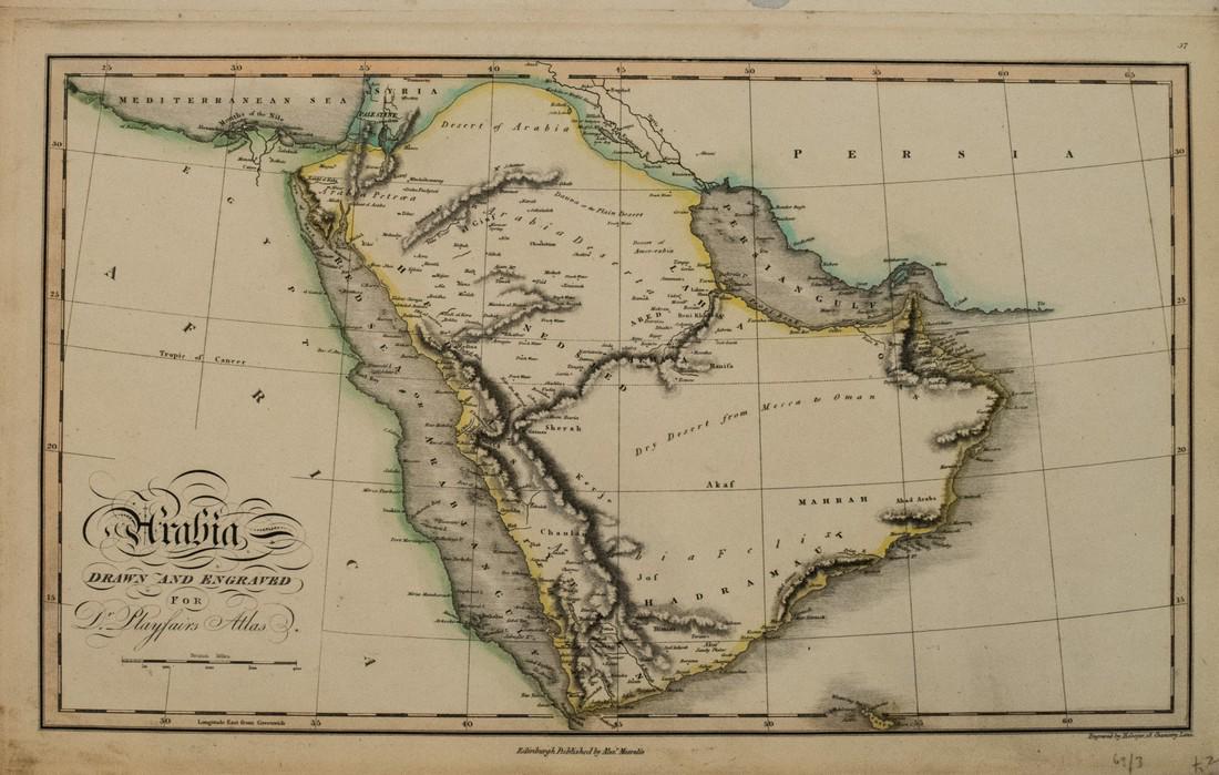 1821 Playfair Map of the Arabian Peninsula -- Arabia.: Title: 1821 Playfair Map of the Arabian Peninsula -- Arabia. Drawn and Engraved for Dr. Playfair's Atlas Date: 1821 Edinburgh Cartographer: J Playfair Size: 10.3 X 17.8 in. Additional Information: Thi