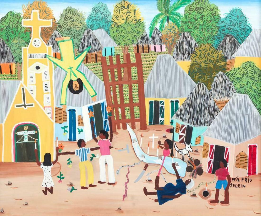 Wilfrid Teleon (Haitian 20th Century): Title: Wilfrid Teleon (Haitian 20th Century) Artist: Wilfrid Teleon Medium: Oil / Canvas Dimensions: 24" X 20" Additional Information: Religious scene, Voodoo and church, signed LR, self taught artist