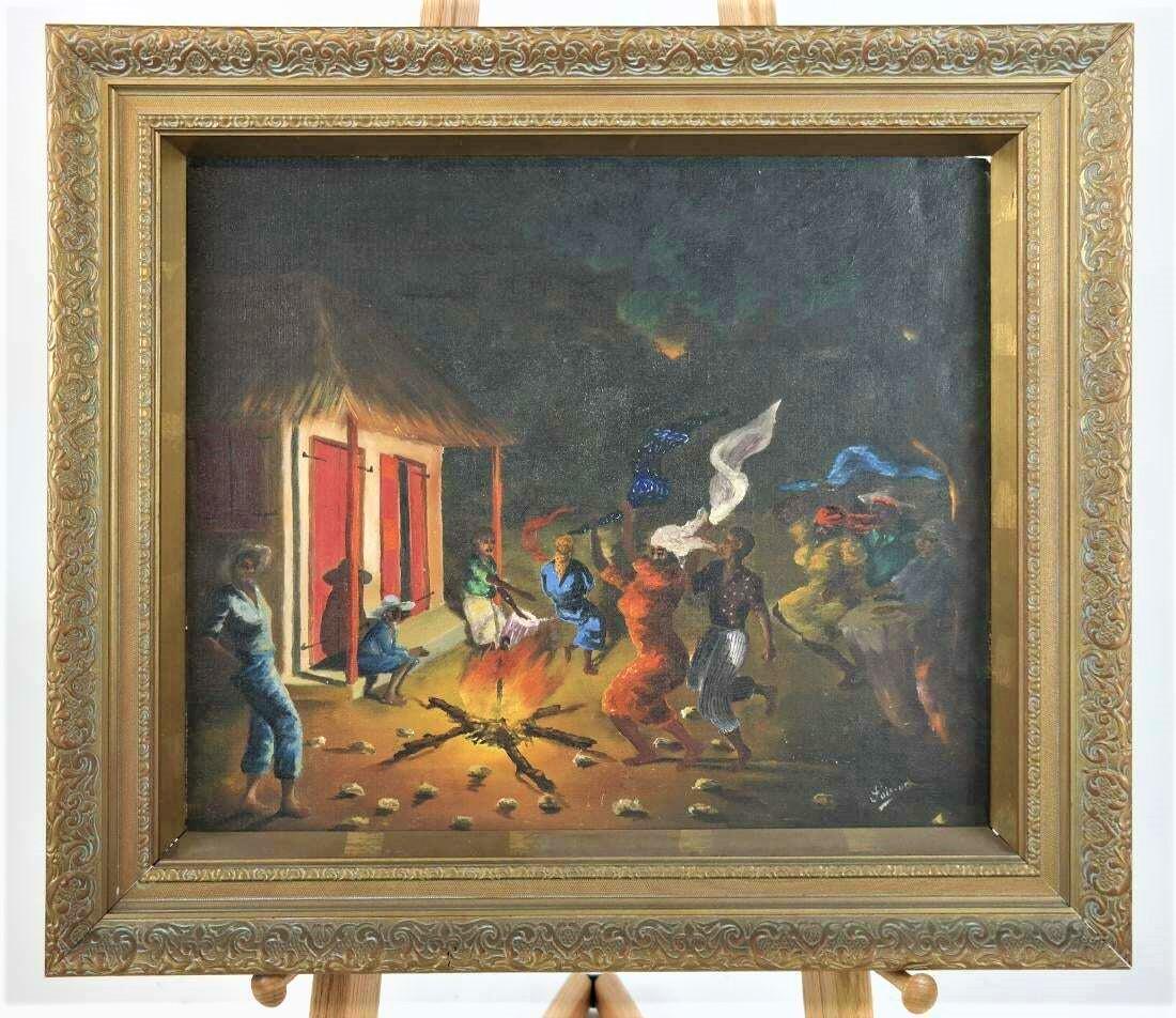 Louverture Poisson (Haitian well known): Title: Louverture Poisson (Haitian well known) Artist: Louverture Poisson Medium: Oil / Masonite Dimensions: 24" X 20" Additional Information: Voodoo scene, dance, signed LR, framed Reserve: $499.00 S