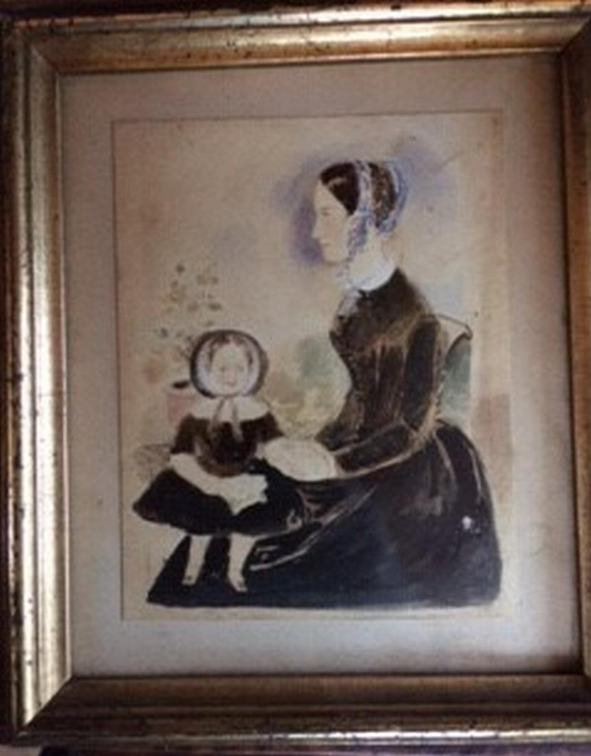 Early 19thC Watercolor Drawing of Mother and Child (1 of 5)