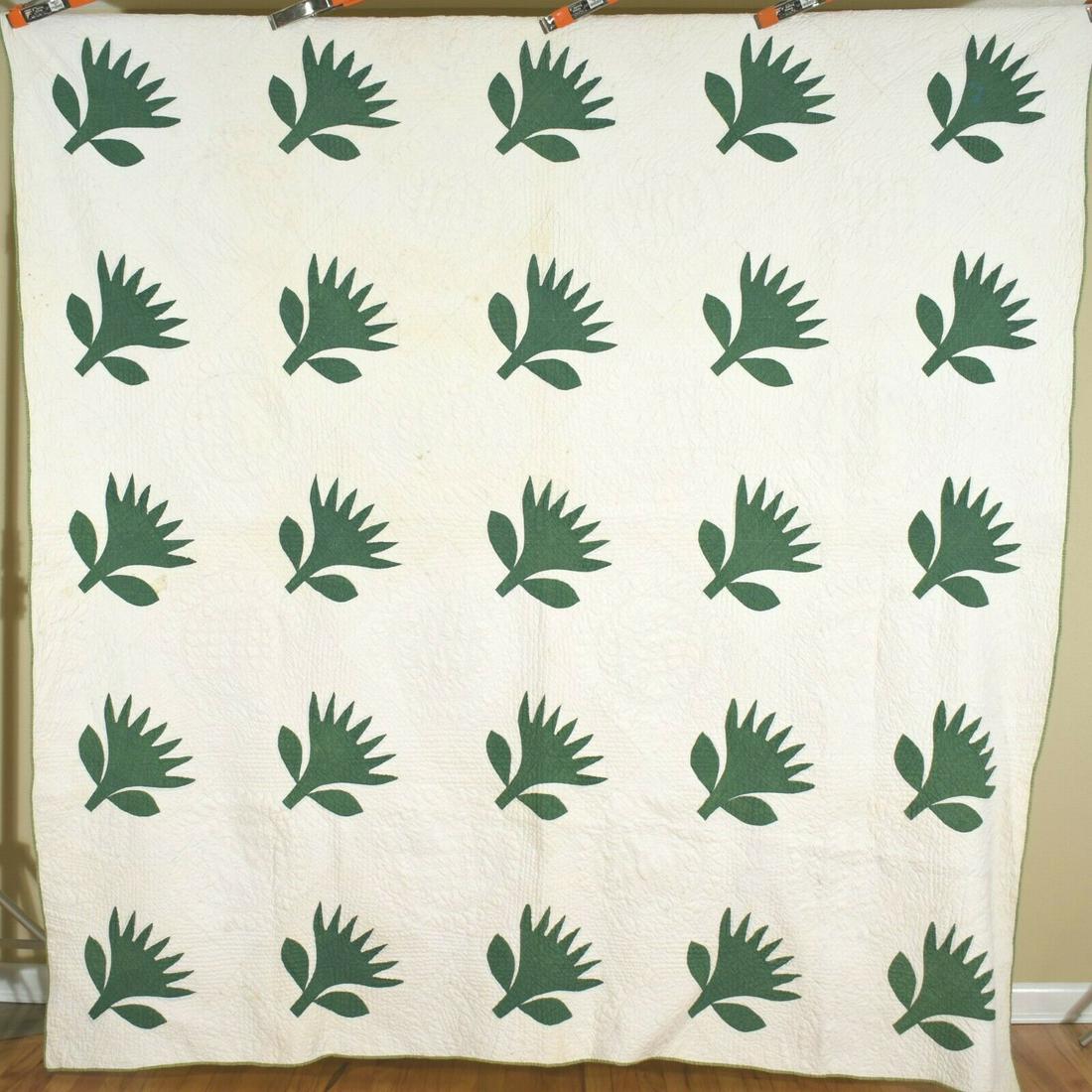 Large 1870's Green & White Tulip Fan Applique Antique (1 of 10)
