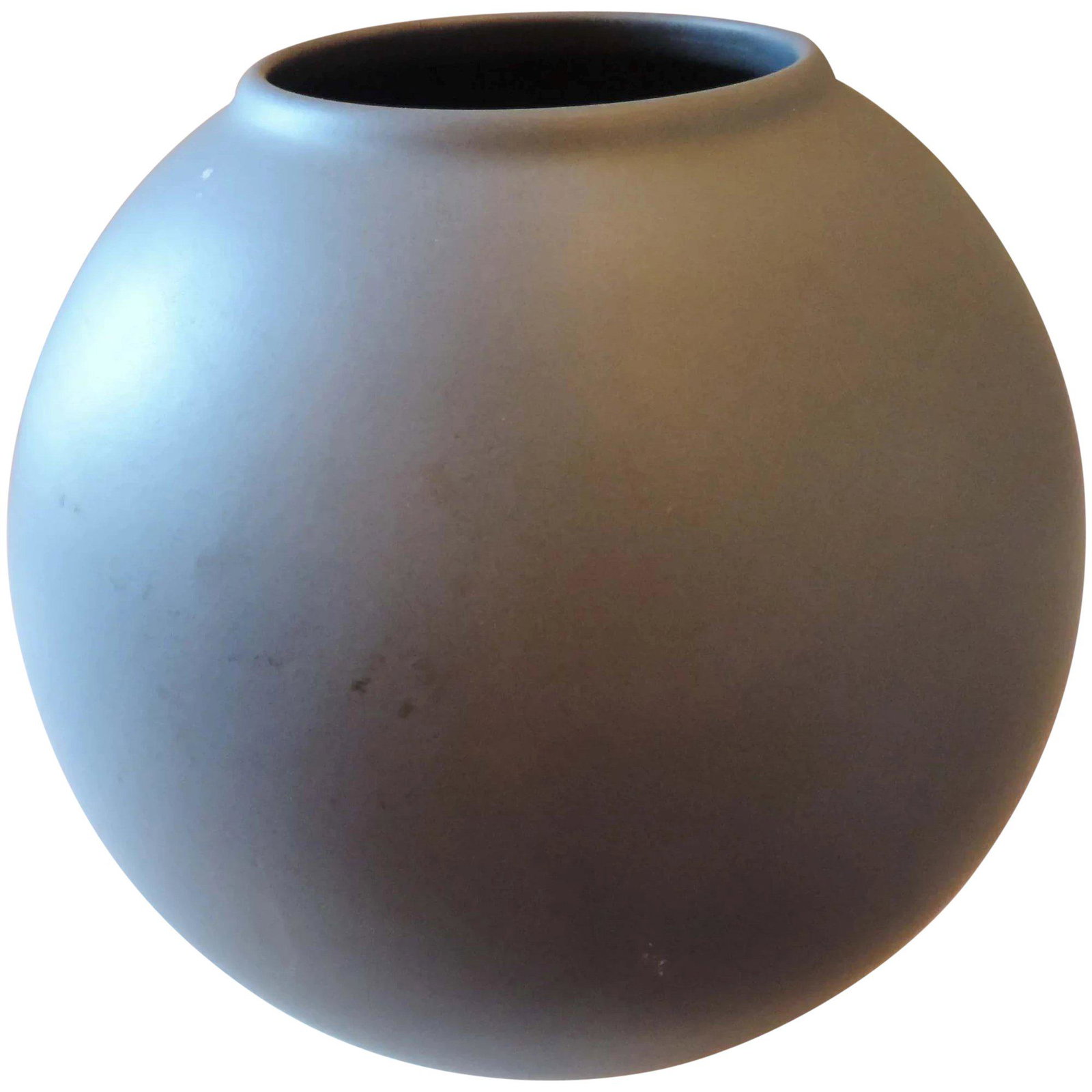 George Smith Pottery, Large, 10", Sphere Vase,: This is a late Mid Century Sphere vase made by George Smith. The orb has a raised rim. The vase is 10", and the rim is 4". It is glazed with gunmetal blue, and the surface has been burnished. There ar
