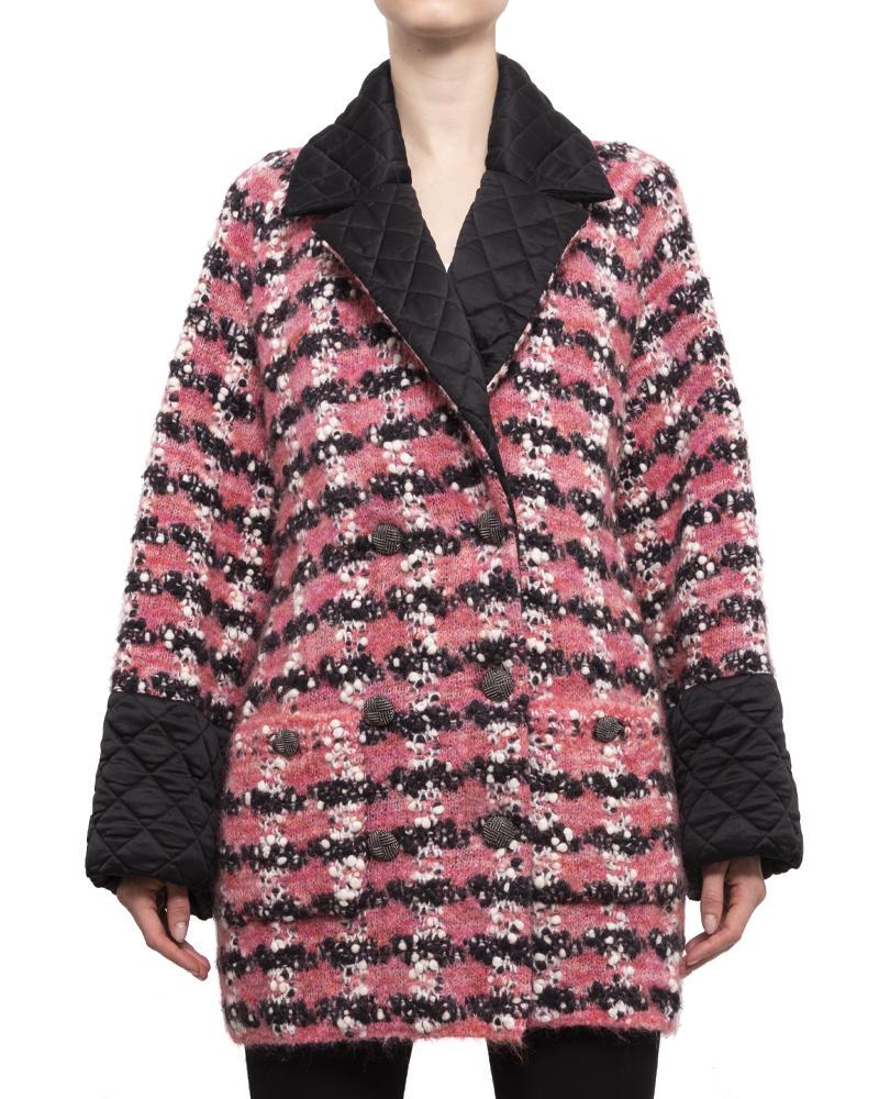 Chanel 15B Pink Chunky Knit Sweater Coat with Satin: Chanel 15B Pink Chunky Knit Sweater Coat with Satin Quilt Trim. $5425 original price tag. Pink, white, and black textured knit body with large satin lapels and cuffs. Silvertone metal buttons, side hi