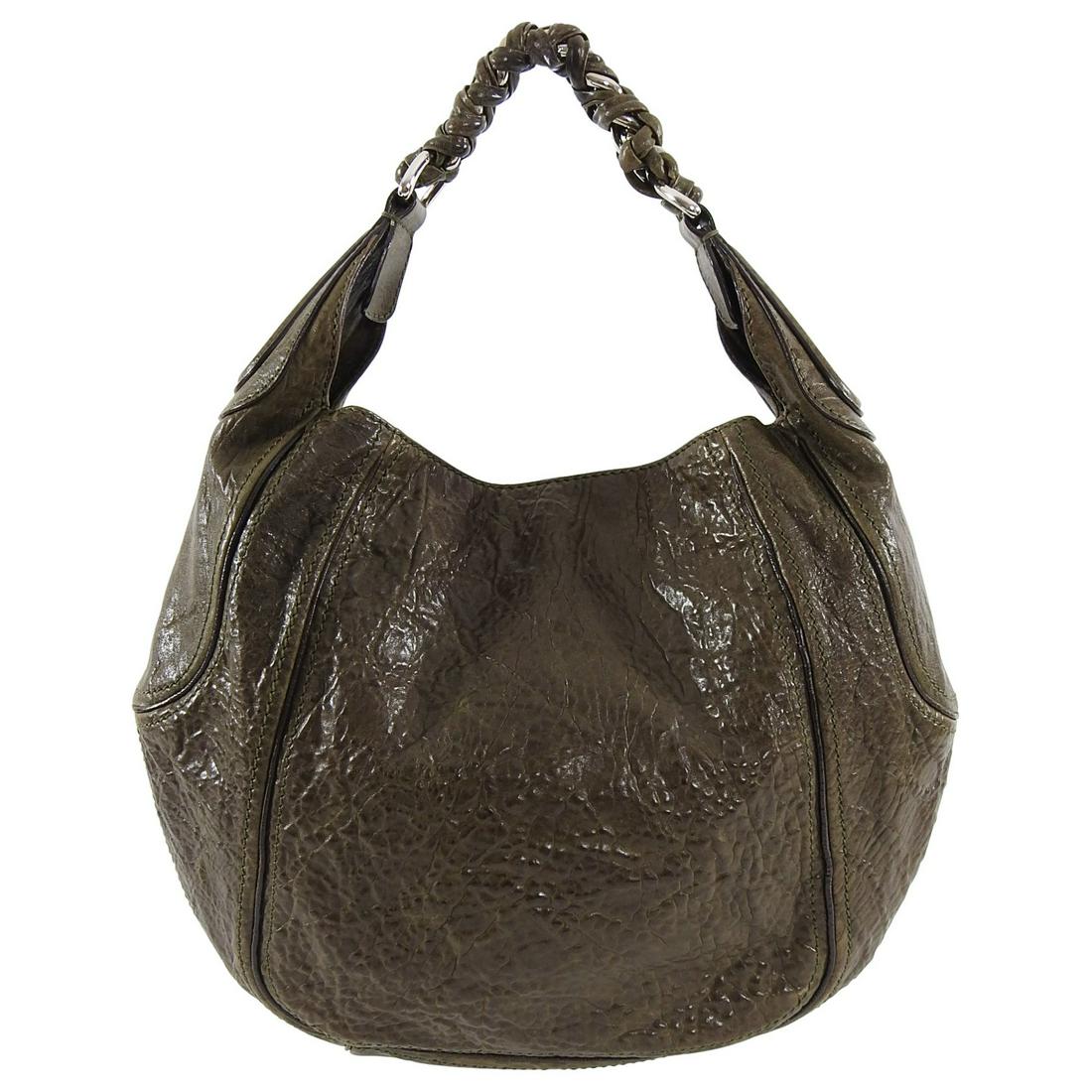 Givenchy Dark Olive Leather Eclipse Small Hobo Bag: Givenchy Dark Olive Leather Eclipse Small Hobo Bag. Dark brown grained leather with silvertone chain strap and hardware. Magnetic clasp closure. Measures 16 x 12 x 3” with a 6.5” drop. Excellent p