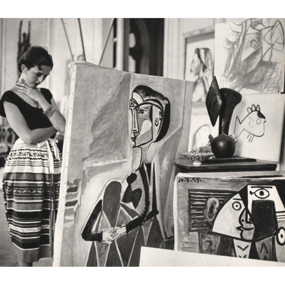 JACQUES HENRI LARTIGUE - Florette at Picasso's Studio: Artist: JACQUES HENRI LARTIGUE Print Title: Florette at Picasso's Studio, Cannes 1955 Florette is Lartiques wife Medium: Sheet-fed Gravure Printing Date: 1970's Printed in France Image Size approx: 6 