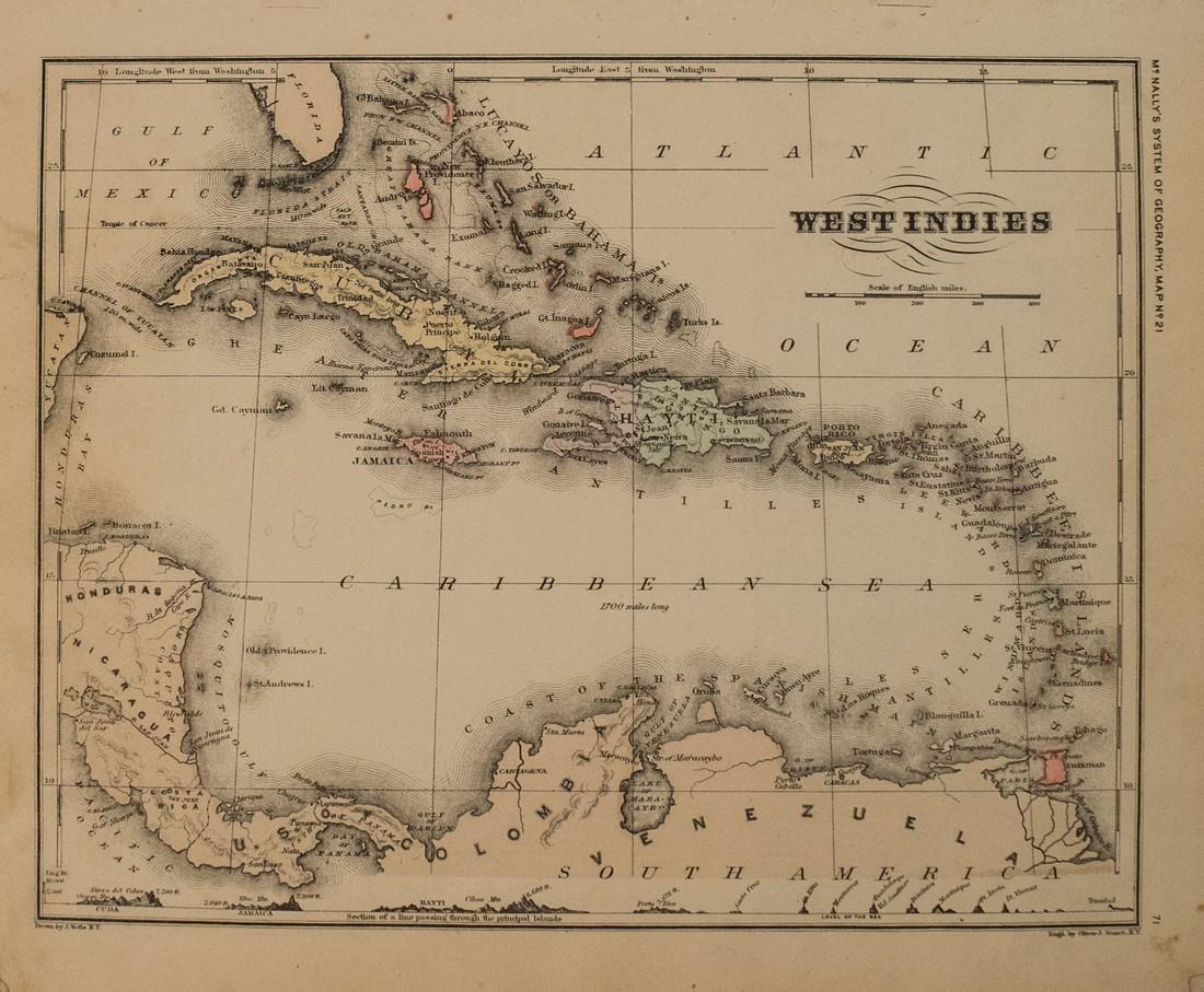 1866 McNally's Map of the Caribbean -- West Indies: Title/Content of Map: 1866 McNally's Map of the Caribbean -- West Indies Date: 1866 New York Cartographer: F McNally Size: 8.3 X 10.6 in. This is a charming map of the West Indies, with an elevation c