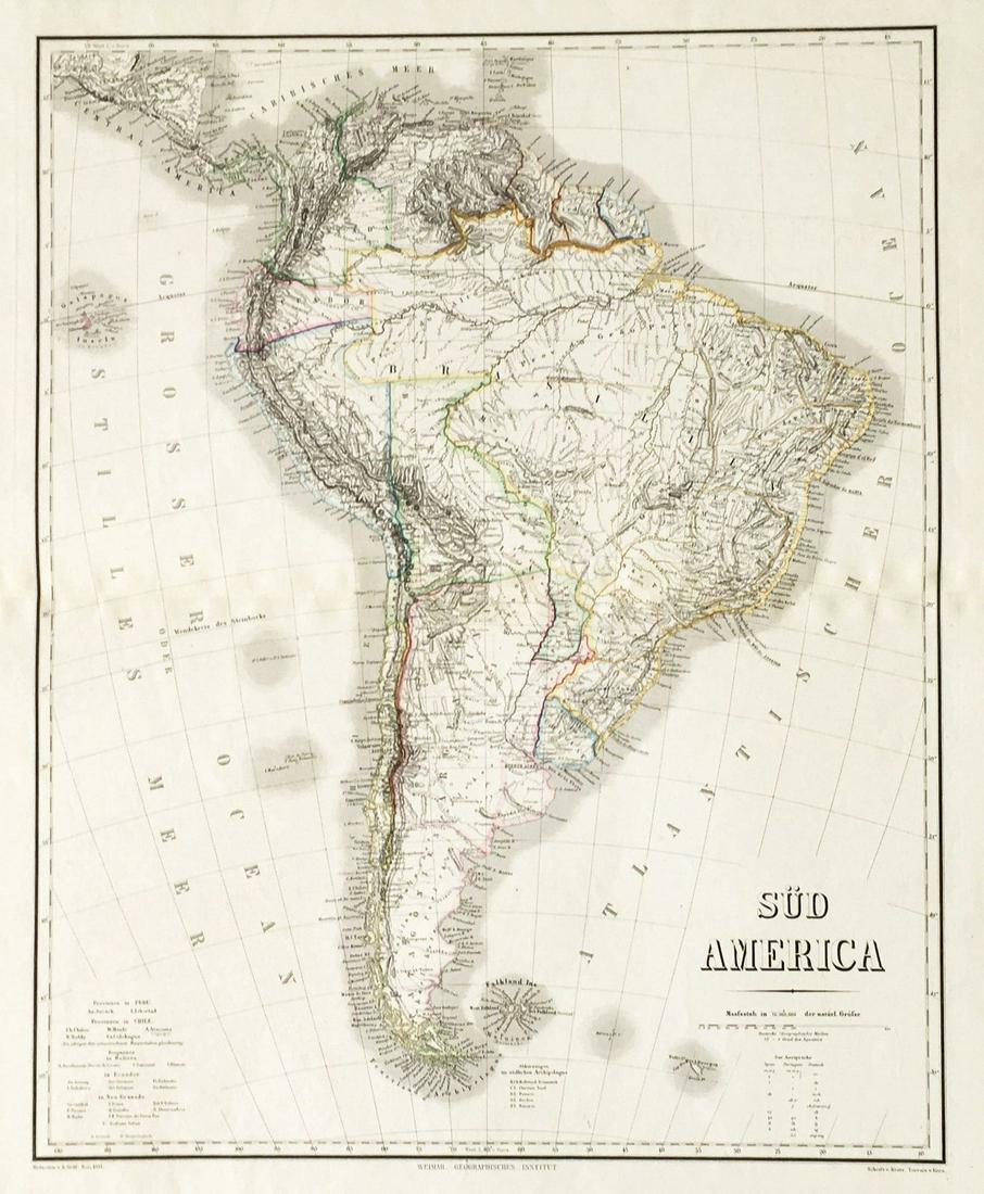Graf: Large South America Continent Map, 1861: Cartographer: Geographisches Institut. / Graf Place/Date: Weimar / 1857/1861 Size: 17 3/4" x 22" Condition: wash color; light overall age toning and a minor stain on the right edge of the wide margin,