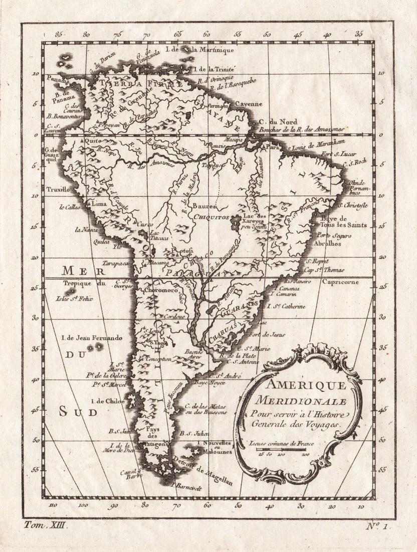 Bellin: Beautifully Designed South America Map, 1754: Cartographer: Bellin / Prevost d'Exiles Place/Date: Paris / 1754 Size: 6" x 8" Condition: b&w; light overall age toning; a strong, dark impression Bellin's beautifully designed and engraved map of Sou