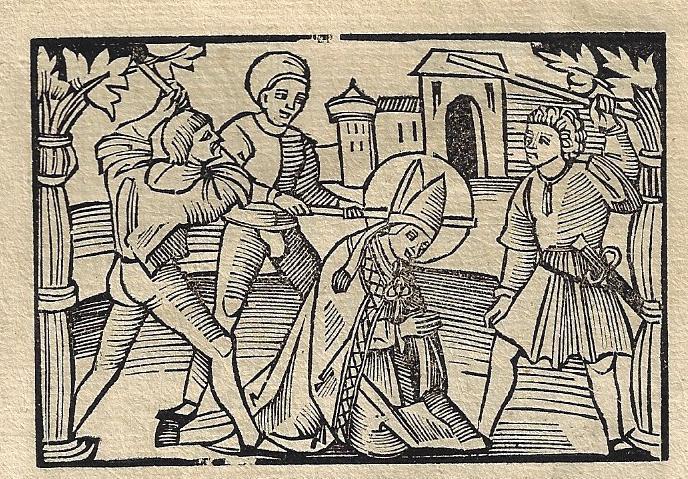 1515 Leaf Martyrdom of Saints Woodcuts: A leaf from a Renaissance printing of Catalogus Sanctorum, Lyon circa 1515. Three nice woodcuts. Very Good, mounting trace on margin. Measures 8.25 x 12". Reserve: $40.00 Shipping: Domestic: Flat-rate