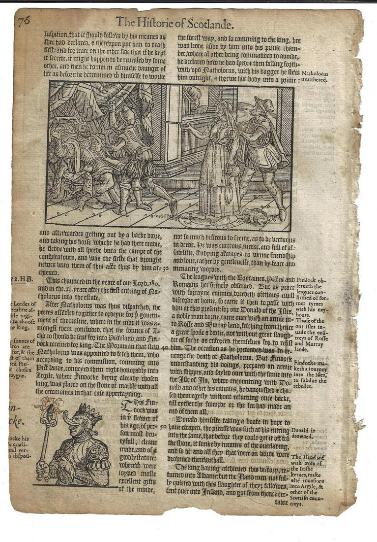 1577 Leaf Scotland Witches w/ Woodcuts: A profusely illustrated leaf from Holinshed "Historie of Scotlande", folio 75/76. Subject of witches, Very Good, measures 7.5 x 11". Reserve: $50.00 Shipping: Domestic: Flat-rate of $5.00 to anywhere 