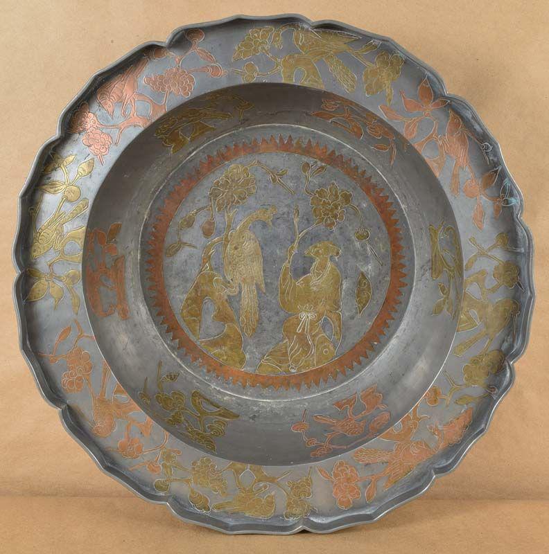 Ming 17c Chinese pewter basin inlaid BIRDS & SCHOLAR: Very unusual and large Ming Dynasty (17th century, can be as early as 16th) Chinese pewter basin with multiple brass and copper inlays. The center has a brass inlay of a scholar and a peacock surround