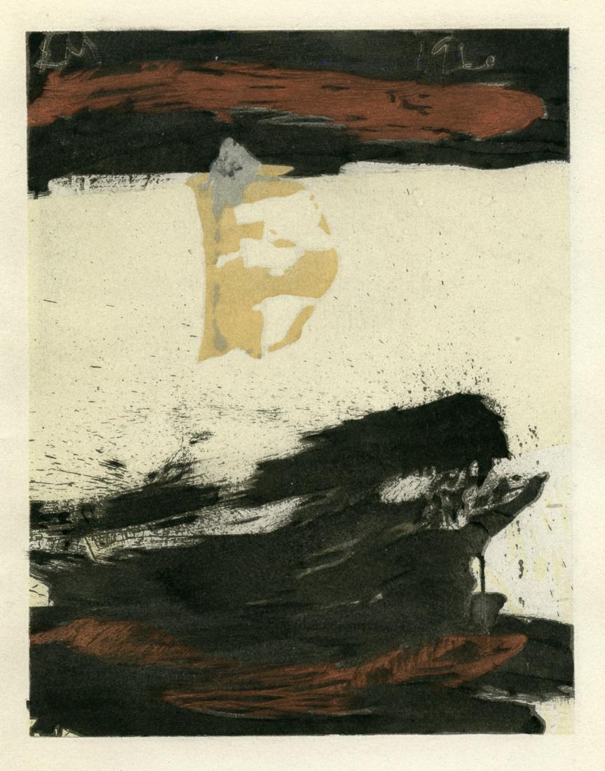 Robert Motherwell pochoir "Raging Collage": Medium: pochoir (after the mixed media collage). Printed in Paris at the atelier Daniel Jacomet and published in 1960 by Berggruen. The image measures 5 x 3 3/4 inches (126 x 96 mm). There is another 