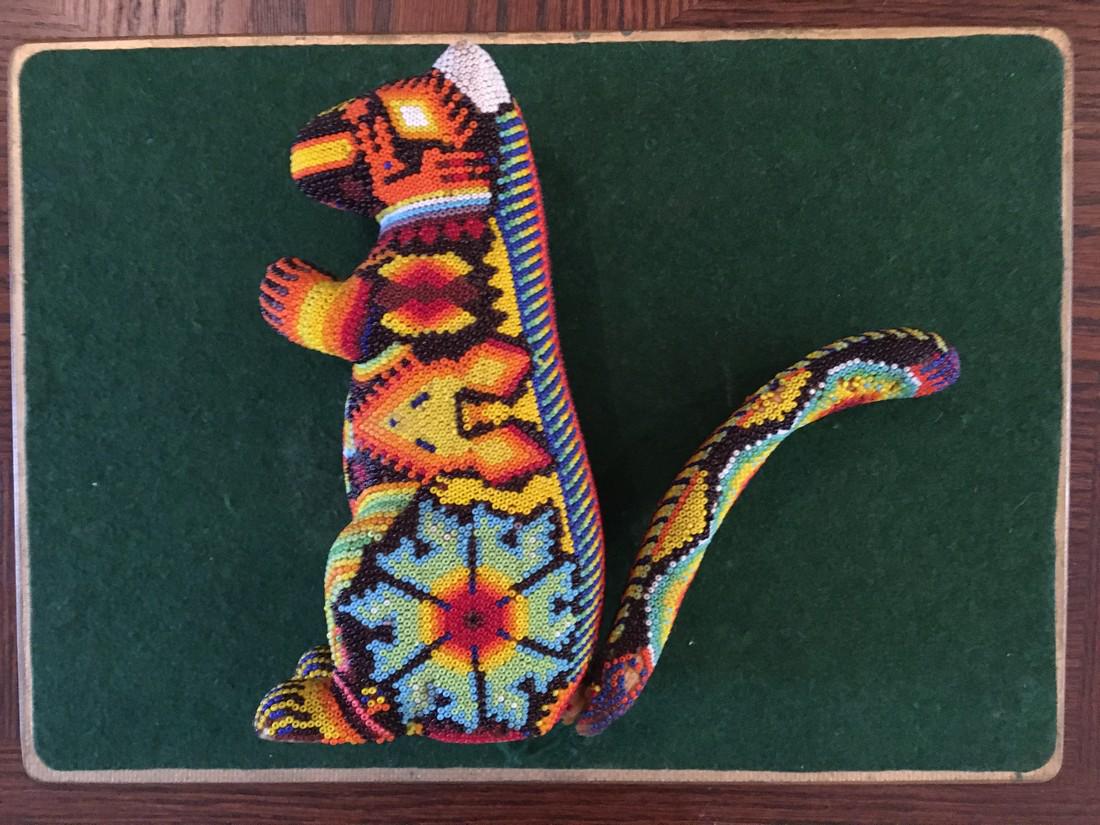 Huichol Peyote Vision Quest Spirit Animal, Squirrel: Title: Huichol Peyote Vision Quest Spirit Animal, Squirrel Date/Period: 1980s Materials: Bees wax, wood and haquira beads Dimension: Huichol Vision Quest mask of spirit animal squirrel. A rare wooden 