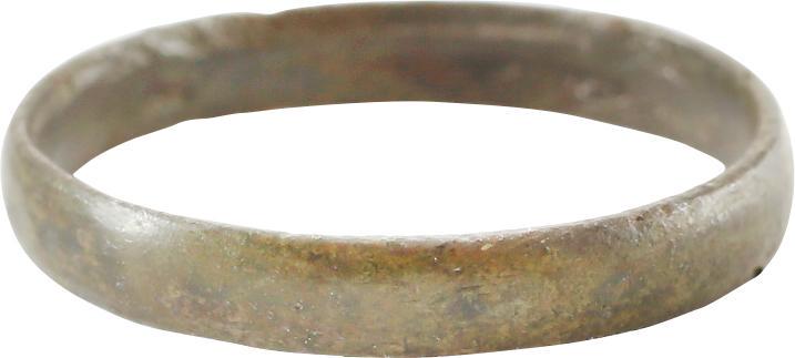 VIKING WARRIOR’S WEDDING RING, SZ 7 3/4: No Reserve! 9th century. Bronze, size 7 ¾ with rounded face and 3.1mm width. Fine glossy patina from burial. Vikings exchanged rings on the pommel of the groom’s sword. Gift boxed with a certific
