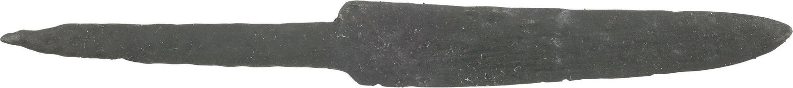 VIKING SIDE KNIFE OR POUCH KNIFE, 866-1067 AD: Danelaw England. 4 3/8” total length, wedge section, uniformly tapered to the symmetrical tip. Whittle tang with a securing pin for mounting in a wood, bone or antler grip without a guard. These sma