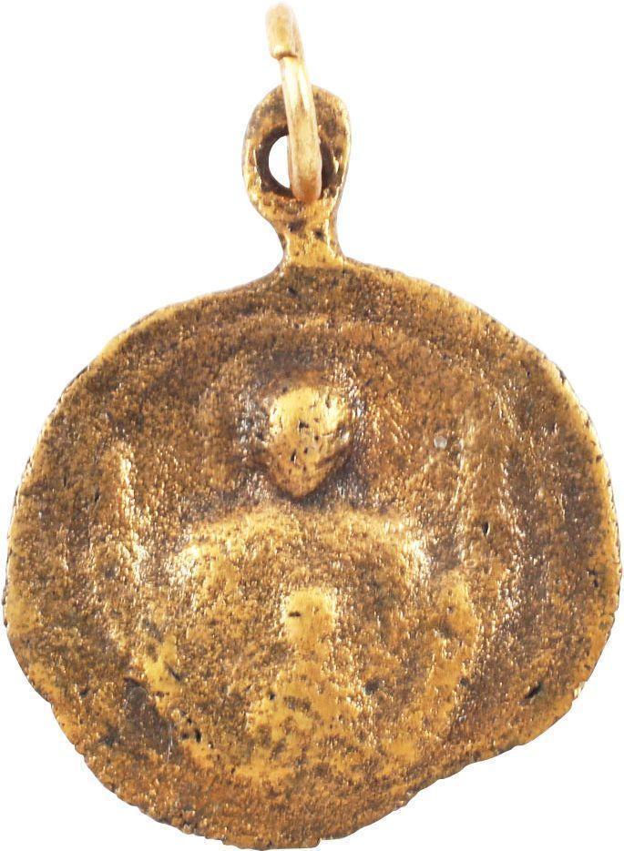 GOTHIC EUROPEAN CHRISTIAN PENDANT 14th-15th CENTURY: Circular, ¾” diameter with rudimentary figure of Christ with hands raised, Reverse plain with sand texture from the casting process. Suspension loop intact with modern “jump ring” added. Remnan