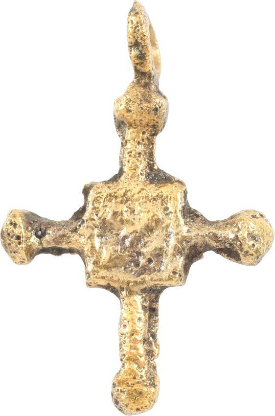 MEDIEVAL SAXON CONVERT’S CROSS C.800-1000 AD: Gilt bronze. 7/8” height, with expanded beam terminals. Central square enclosing a saltire each side. The emergence from the Dark Ages is embodied in the rise to power of the Frankish King, Charlema