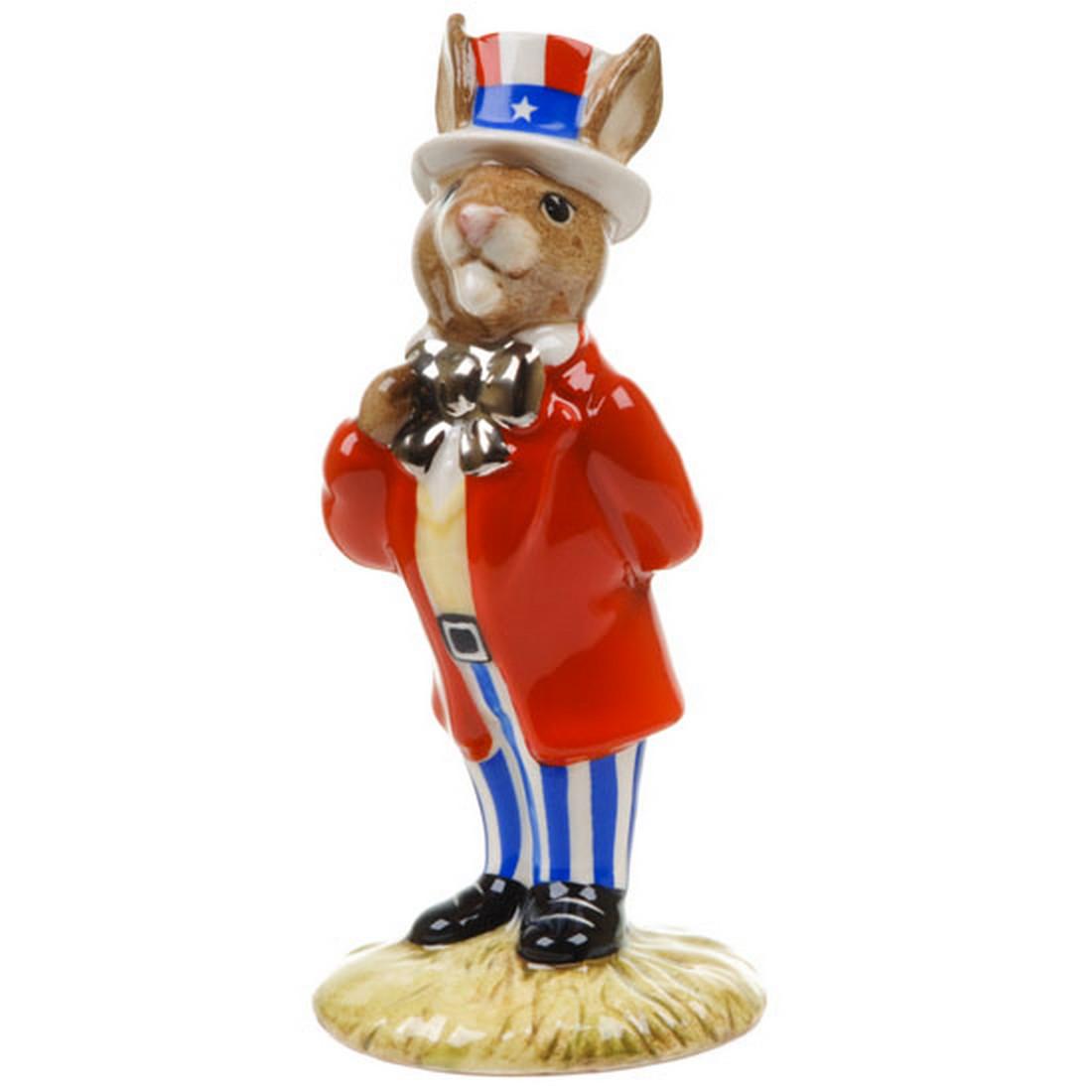 Uncle Sam Bunnykins: Description: Designed by Harry Sales, Modelled by David Lyttleton. Issued in 1997 in a limited edition of 1500. Part of the American Heritage Series. This piece is in mint condition with no chips, no 