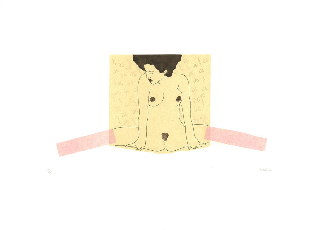 Ernesto Tatafiore: Pink Stockings: Pink Stockings by Ernesto Tatafiore, 1985 Signed Mixed Media. Paper size is 19.75 x 27.5 inches, with an image size of 9.5 x 19.5 inches. The Mixed Media is from an edition size of 30 and is not frame