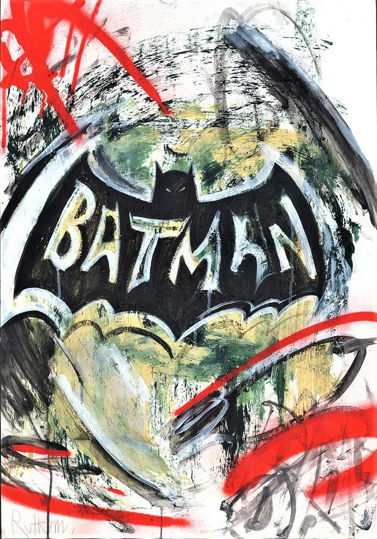 Ruttum: Batman Logo: Artist: Ruttum Title: Batman Logo Medium: Acrylic on paper Size/Format: 33.1 x 23.2 inches Additional Information: "This original painting has been created by Spanish street artist Ruttum. This piece