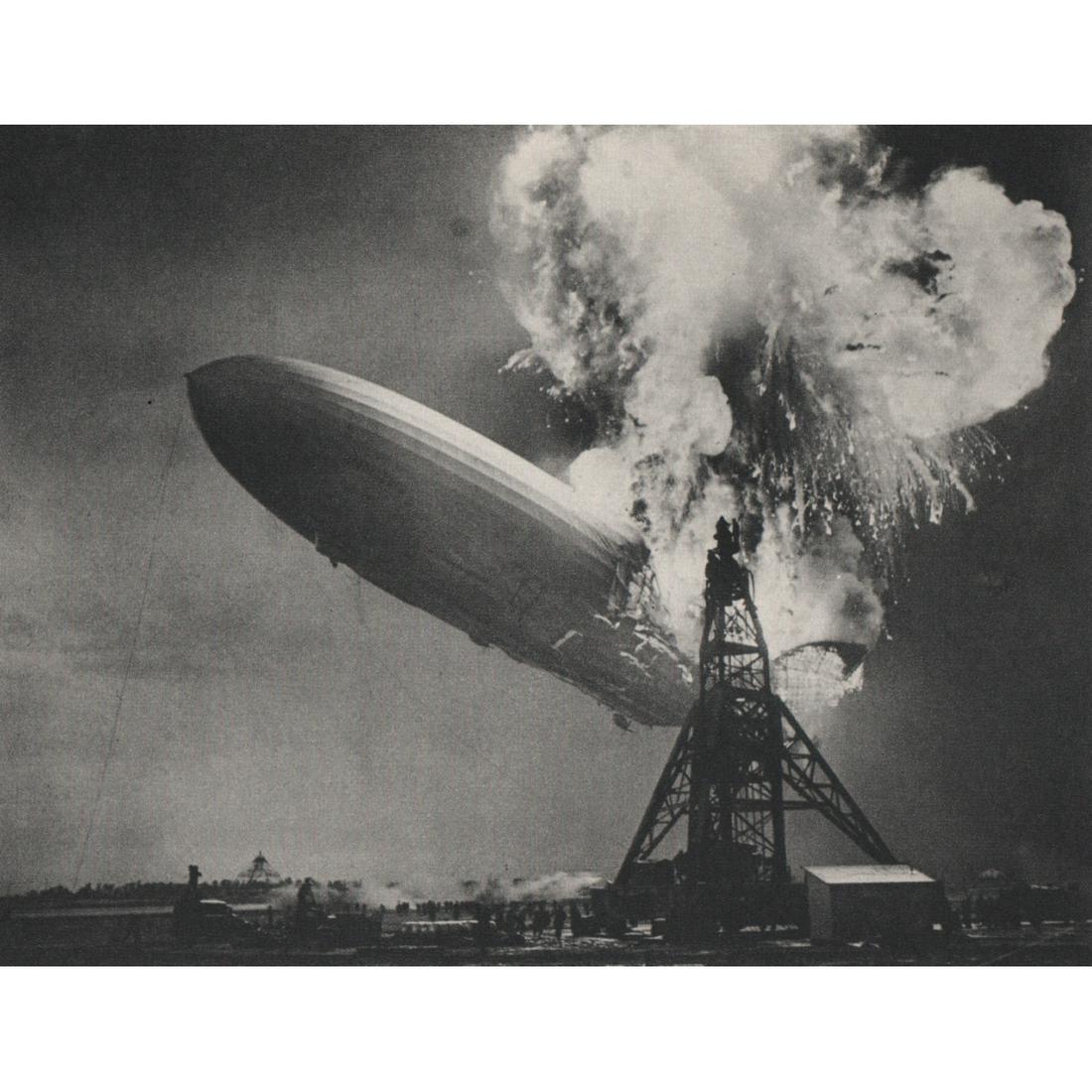 SAM SHERE - Explosion of the Hindenburg: Artist: SAM SHERE Print Title: Explosion of the Hindenburg, 1937 Medium: Sheet-fed Gravure Printing Date: 1960's Printed in the Netherlands Image Size approx: 5 x 6.5 inches Sam Shere (1905-1982) is a