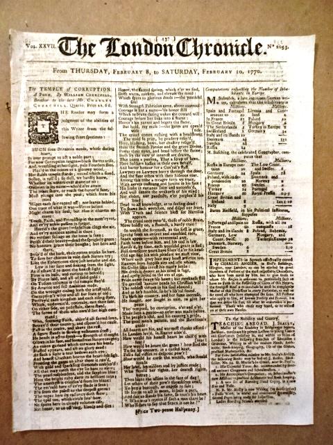 1770 Issue of The London Chronicle Colonial News: Title: 1770 Issue of The London Chronicle Colonial News Description: The London Chronicle for February 8-10, 1770. Eight pages complete, printed at London. Colonial briefs and much other news and noti