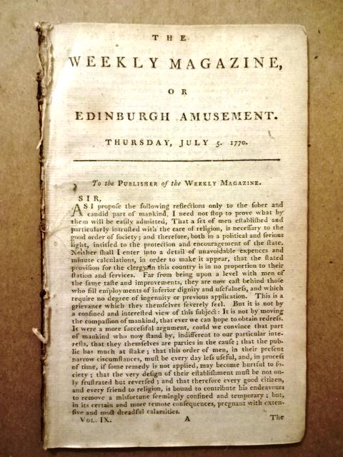 1770 The Weekly Magazine Colonial News: Title: 1770 The Weekly Magazine Colonial News Description: "The Weekly Magazine or Edinburgh Amusement" for July 5, 1770, printed at Edinburgh. 32 pages. Interesting content including political items 