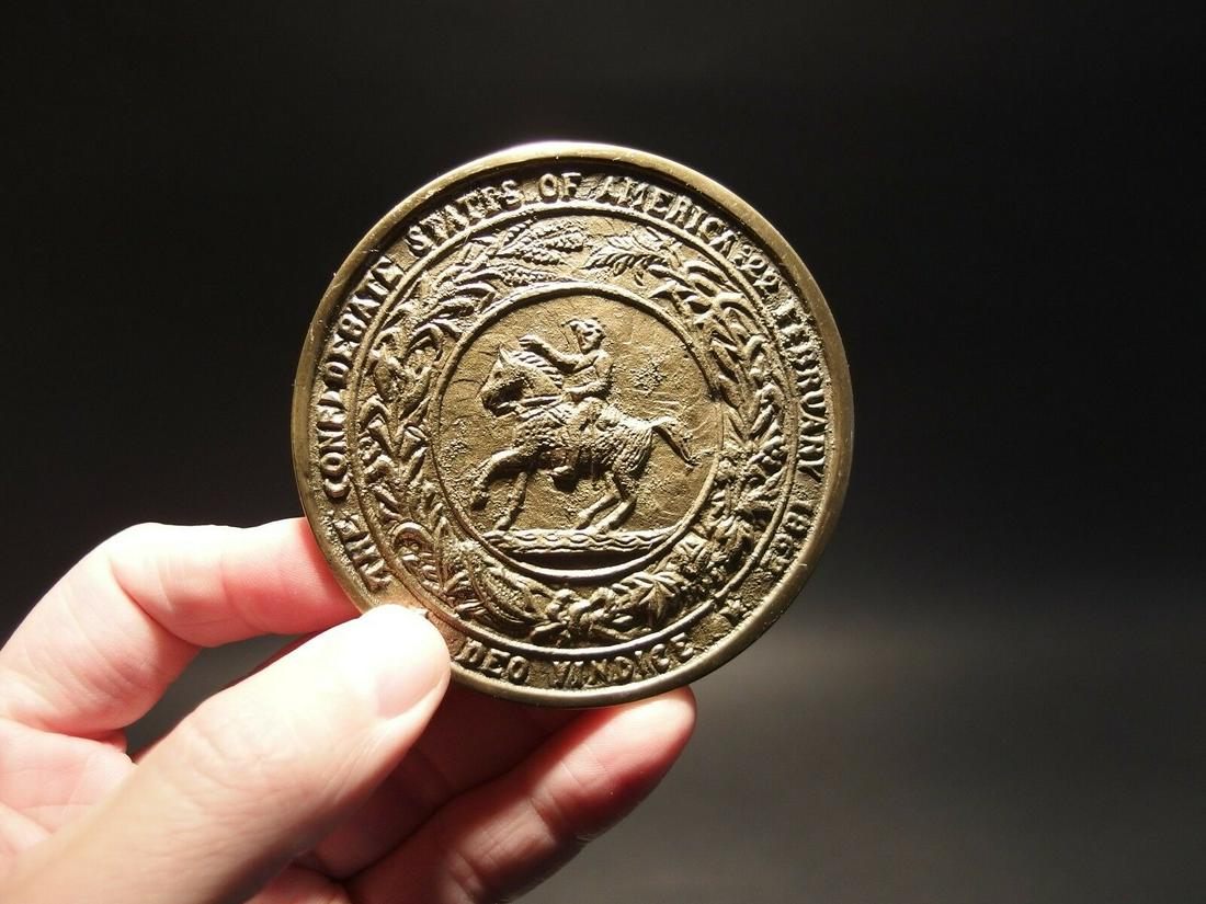 Civil War Confederate CSA Belt Buckle Plate SOLID Brass: 3 1/4" Round This all solid brass replica belt plate will surely make you wonder its age. It is made to look just like the antique The face of this plate has a very pleasing brown patina with slight t