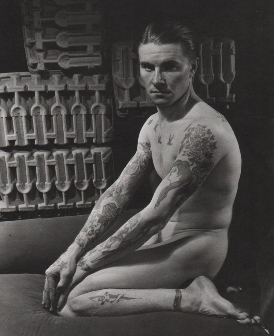 GEORGE PLATT LYNES - Male Nude with Tattoos, 1934: Artist: GEORGE PLATT LYNES Print Title: Male Nude with Tattoos, 1934 Medium: Duotone Photoengraving Printing Date: 1990;s Printed in USA Image Size: 8.5 X 7” George Platt Lynes (1907-1955).was an Am