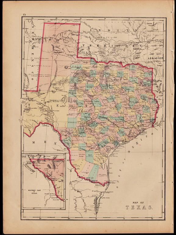 Scarce hand-colored map of Texas, 1875 (1 of 4)