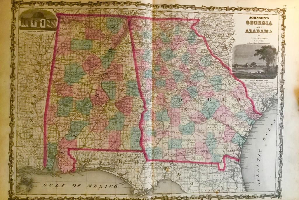 Alabama & Georgia: Title/Content of Map: Alabama & Georgia Date: 1861 Cartographer: Johnson Material/Medium: steel engraved Size: 28x14”Provenance: New York Hand colored Reserve: $40.00 Shipping: Domestic: Free