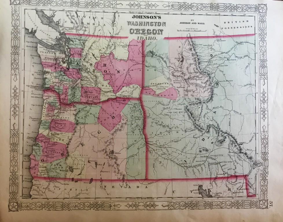 Washington, Oregon, Idaho: Title/Content of Map: Washington, Oregon, Idaho Date: 1863 Cartographer: By Johnson & Ward. From, Johnson’s New Illustrated Family Atlas Size: 18x13”Provenance: New York. Hand colored. Text on ver