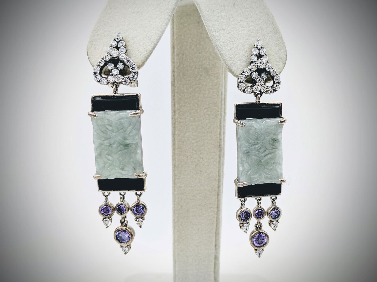 Engraved Jade Cocktail Earrings w Amethyst, CZs & Black (1 of 3)