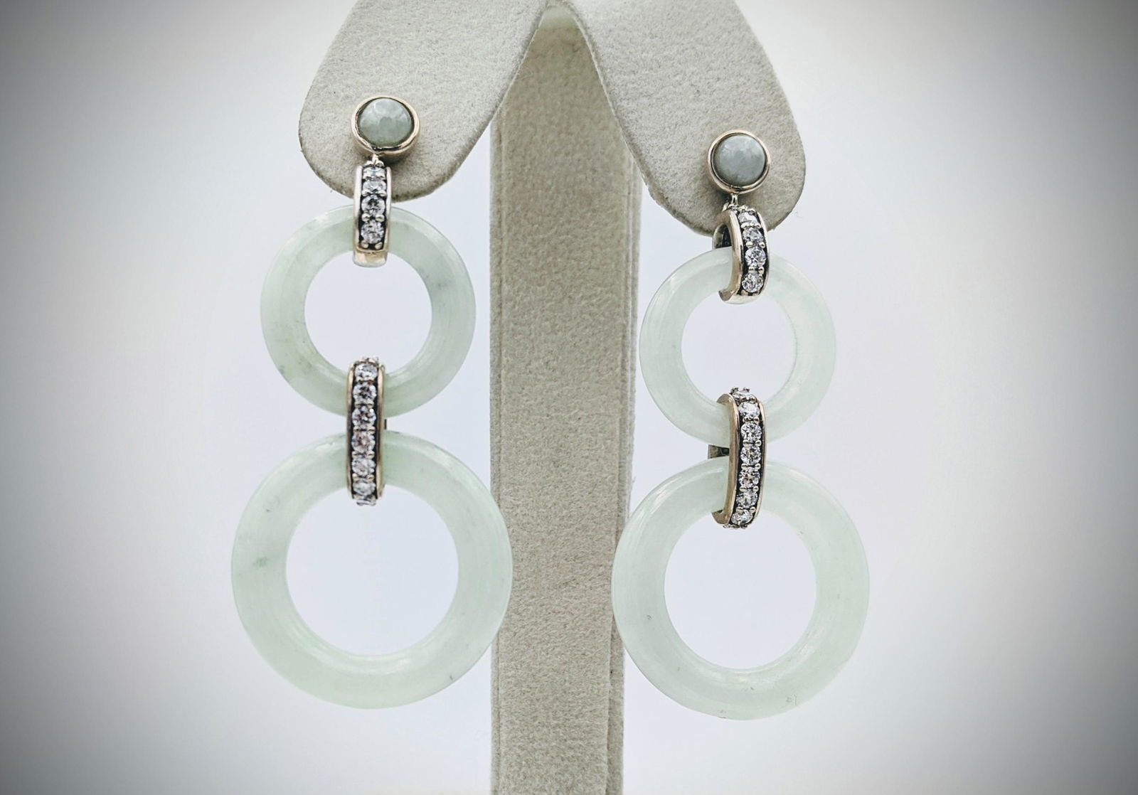 Sterling Silver Double Loop Jade Earrings w Cubic (1 of 3)
