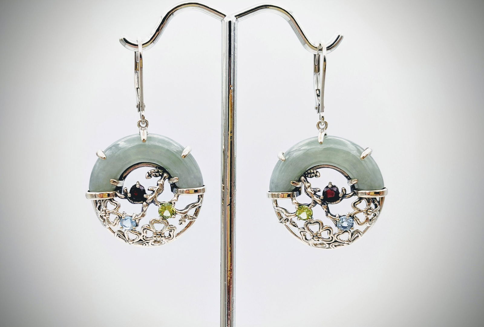 Sterling Silver Jade & Flower Earrings w Blue Topaz, (1 of 3)