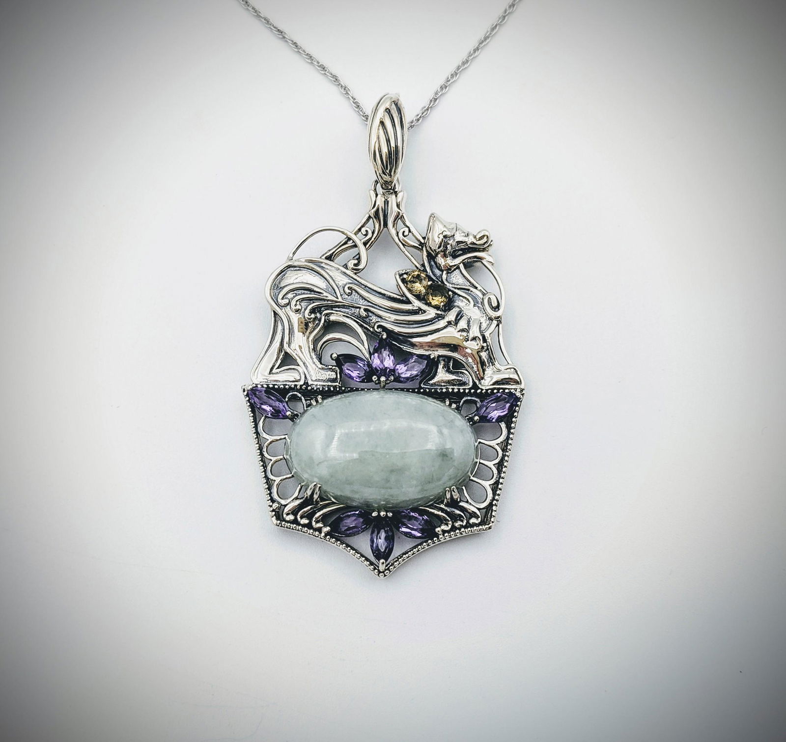 Sterling Silver Necklace & Dragon Dog Pendant w Jade, (1 of 3)