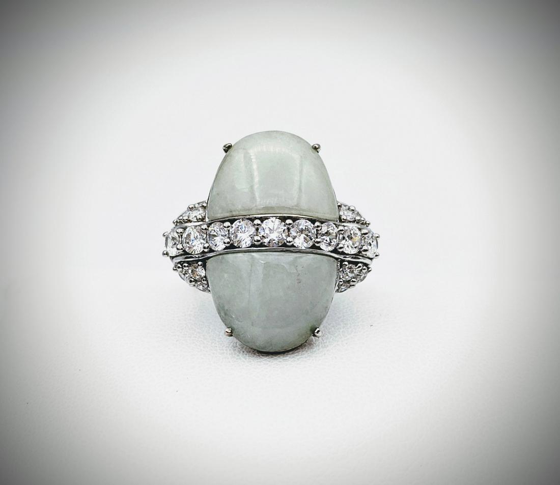 Sterling Silver Sz 7 Fancy Jade & Cubic Zirconia Ring (1 of 3)