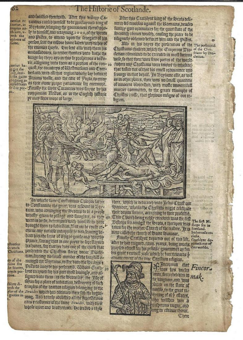 1577 Holinshed Leaf Woodcut of Burning at Stake (1 of 2)