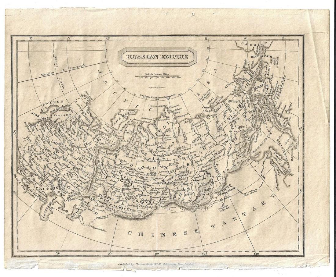 1817 Map of the Russian Empire: Map of the Russian Empire printed at London by Thomas Kelly, 1817. Fine,measures 10.5 x 8.25". Reserve: $20.00 Shipping: Domestic: Flat-rate of $5.00 to anywhere within the contiguous U.S. Internation