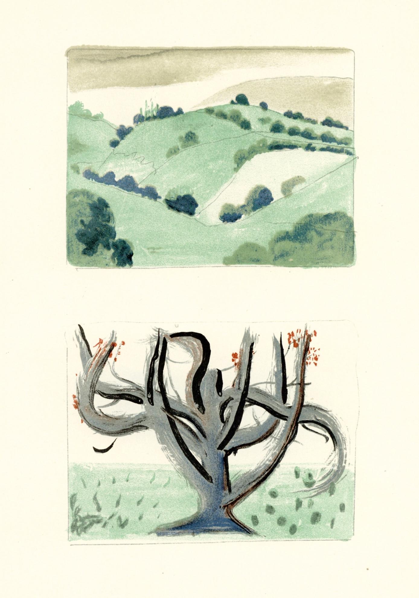 Andre Derain lithograph "In the Garden of Allah": Medium: lithograph. Published in Paris by Teriade for Verve (Volume 1, Number 4), in 1939. Verve was founded in 1937 to showcase original prints by the leading artists of the day, with outstanding tec