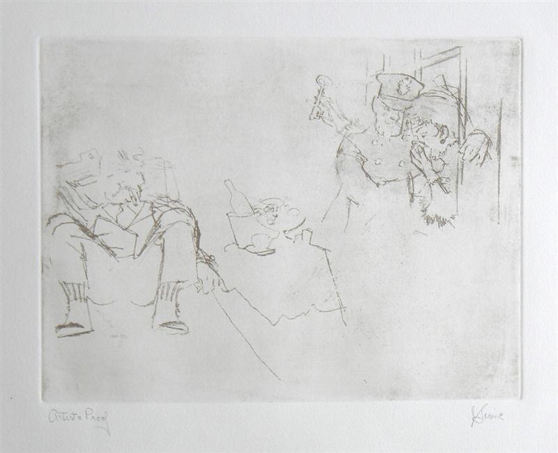 Jack Levine signed original etching "Jenny Visits: Medium: original soft ground etching, signed in pencil and annotated "Artist's Proof". This etching was executed in 1967 for the "Dreigroschen Film" series, for the limited edition portfolio published