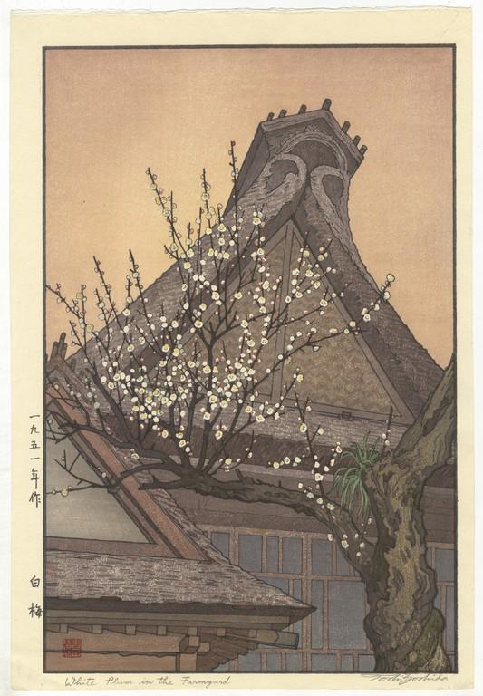 Toshi Yoshida: White Plum in the Farmyard: Title: Toshi Yoshida: White Plum in the Farmyard Artist: Toshi Yoshida (1911-1995) Series: Publisher: Signed by the artist Date:1951 Medium:Woodblock Print Size/Format:27.5 x 40.2 cm Reserve: $725.00