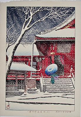 Hasui - Snow at Kiyomizu Hall, Ueno: Artist: Kawase HASUI (1883-1957) Subject: Snow at Kiyomizu Hall, Ueno Publisher: Originally published by Sakai-Kawaguchi 1929 this later impression from original blocks by Shobisha Signature: Hasui wi