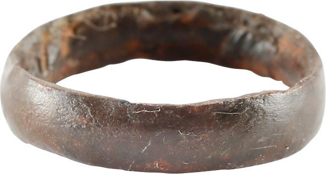 DOUBLY RARE VIKING WEDDING RING C.850-1050 AD SZ 7: Rounded face band with evidence of being cast with a central core which was labourously removed to finish the ring for wear. Size 7 and broad 4.5mm width. Made of copper as rarely found. Vikings were 