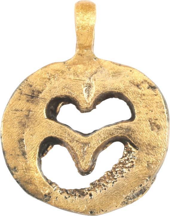 VIKING NAVAGATORâ€™S OENDANT, 10TH-11TH CENTURY AD: Circular, just under 5/8” diameter. Combining two favorite Viking themes. The perimeter represents the crescent moon with the tips joined as often portrayed.Â The medial cusp defines a heart pierce
