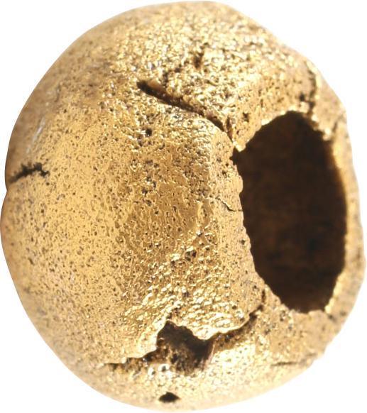 VIKING GILT BRONZE BEAD, 866-1067 AD: 0.62” nearly 5/8” diameter. 0.42” long with 0.27” stringing hole. Cast, of segmented bun form, originally gilt with the gold now restored. Beads were valued more than gold to Vikings and the p