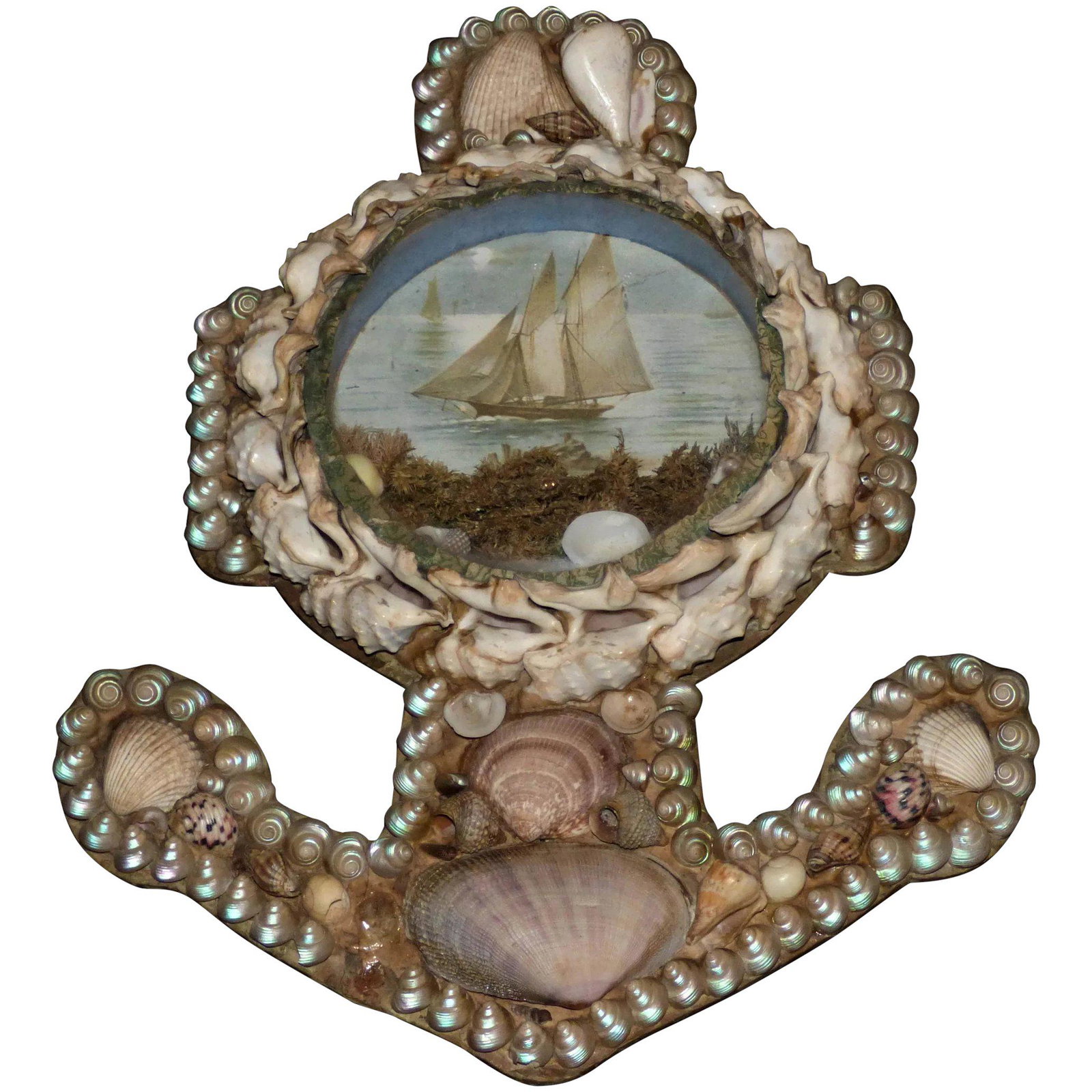 Anchor-Shaped Edwardian Shell-Work Diorama: Shells have entranced all of us with their variety of forms (there are over 100,000 species of shells) and bright colors since ancient times. They have been used as ornaments, tools and even forms of 