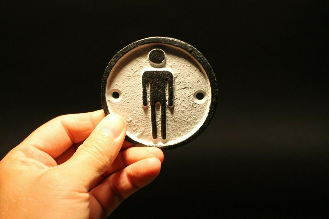 Cast Iron Bathroom Boys Men Plaque Retro Sign: 3" Wide 1/4" thick A wonderful reproduction cast iron " Mens" sign. Hand painted black and white. As you can see in the images it has a slight distressed look that really makes it look like an actual