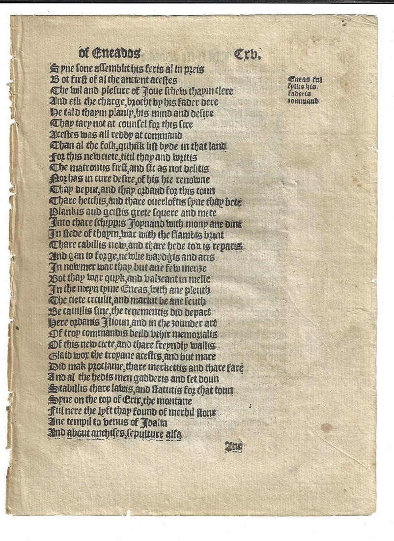1553 Leaf from Virgil Aeneid Scots English: 1553 Leaf from an Englished printing of Virgil’s Aeneid by Gavin Douglas. This is folio CXV from the “fyfte” booke. Fine condition with some mild discoloration, measures 6 x 8.5”. Accompanied