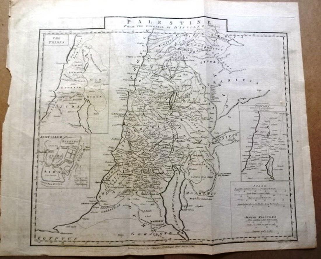 1788 Large Map of Palestine: 1788 Large folding map of Palestine by D'Anville, and published here for Harrison and Co,. Fine condition, measures 20 x 16". Reserve: $30.00 Shipping: Domestic: Flat-rate of $5.00 to anywhere within